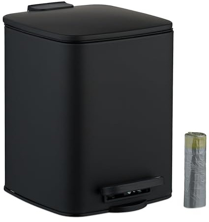 Relaxdays Pattumiera Bagno a Pedale 6 L Cestino Interno Rimovibile, 30% plastica 70% Ferro, Nero, Sacchetti Inclusi