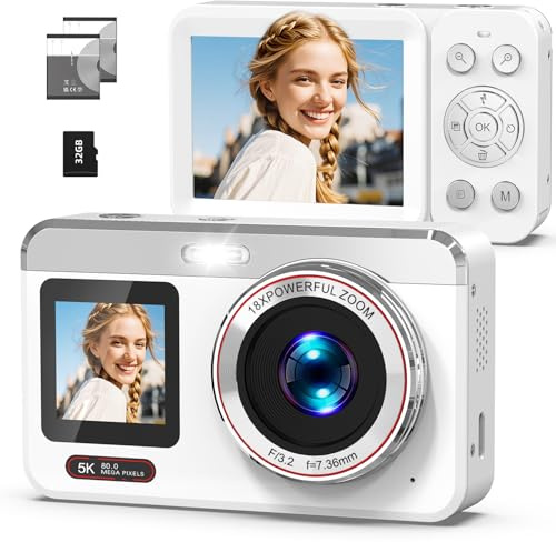Hoorola 5K Digital Camera, 80MP Dual Screen Autofocus Vlogging Camera, 18X Zoom Point and Shoot Camera for Photography, Flash, 32GB Card, 2 Batteries, Compact Camera for Teens Adults (White)