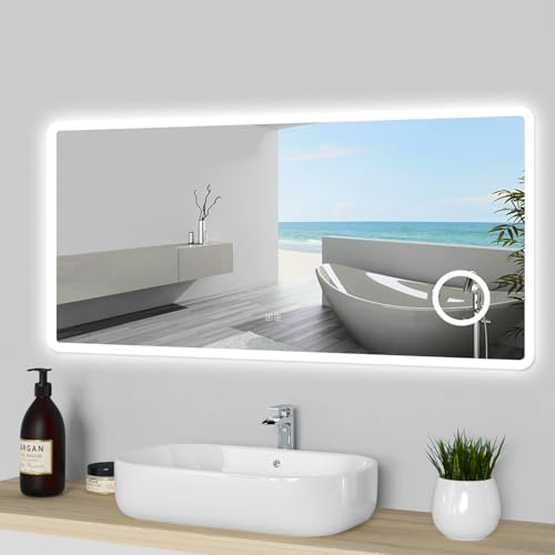 Azezanble Miroir Salle de Bain LED 140x80cm avec Bluetooth, 3X Loupe, Anti-buée, 3 Couleurs Lumière, Dimmable, Fonction Mémoire, IP44, HD Verre Trempé