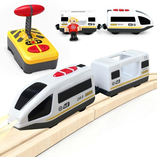 Pmueuff Train Électrique Enfant, Train de Locomotives à Piles avec Phares Avant et Son Train Telecommande Electrique pour Voie Ferrée en Bois, Compatible avec Thomas, Brio, Chuggington