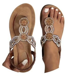 Gladiator Sandals for Women Flat Sandals for Women Ladies Leather Open Toe T-Bar Diamante Flat Summer Shoes Causal Lightweight Slip on Shoes Platform Slippers Beach Holiday Essential Footwear