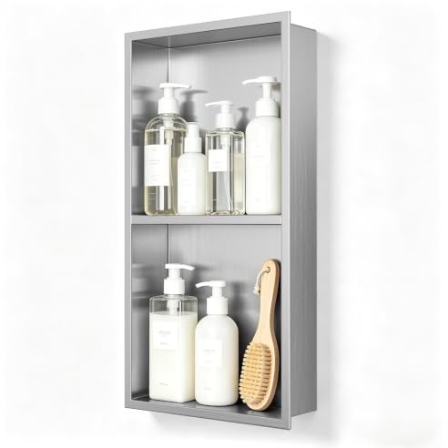Fushabana Stainless Steel Wall Niche for Shower, Recessed Bathroom Storage Unit with Double Tier Shelf, 33x63cm Outer, 30.5x60.5cm Cutout, No Tiling Needed, Rustproof Black Coated Insert(Silver)