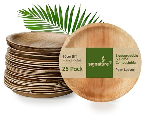 Signature Packaging - Disposable Palm Leaf Plates - Sturdy Medium Round Plates - 8”/20cm, 25 Pack Similar to Bamboo and Wood. Compostable and Biodegradable