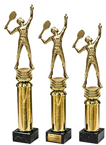 eberin – Tennis Pokal in 3 Größen – Trophäe Tennisschläger Tennisspieler auf Goldsäule/Marmor Schwarz – Matchball Trophäe Award – mit Gravur möglich