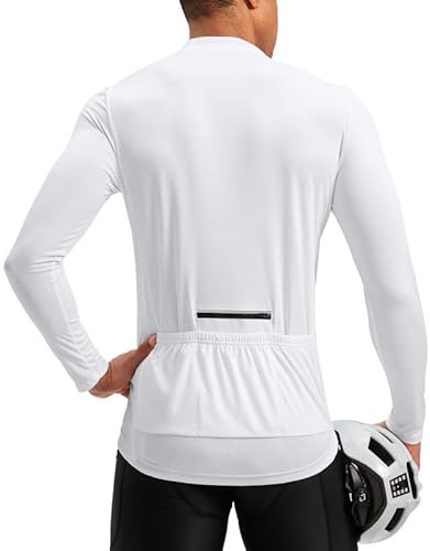 Men's Cycling Jersey Moisture Wicking Long Sleeve UPF Half Zip Riding Bike UPF SPF UV Biking Bicycle Mountain Road Biker Cycle Sun Protection Shirts for Men Zipper Pockets(White,L)