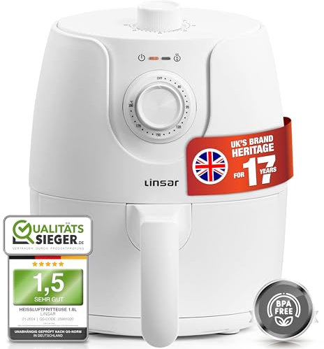 Linsar - Airfryer klein - 1,8L - Airfryer mit Timer und Warmhaltefunktion - Temperatur wählbar - Energiesparender & schneller als Backöfen - 1200 Watt - Klein (Weiß)