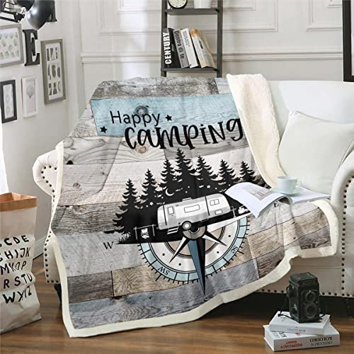 RV 150x200cm Fleece Decke für Kinder - Kompass Design Sherpa, Rustikale Bauernhaus Holzbrett Plüsch in Schwarz, Blau, Grau
