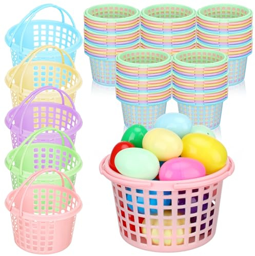 DoubleFill 60 Pcs Plastic Mini Easter Baskets Bulk Small Colorful Plastic Baskets with Handles Round Basket for Egg Hunts Easter Party Favor Kids