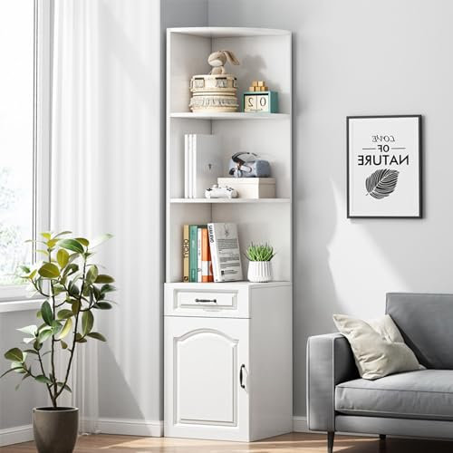 mosegor Eckregal, Bücherregal, Weiß, Eckregal, Aufbewahrungsschrank, 3-stöckig, Holz-Eckregal mit Schublade und Schrank, für Zuhause, Wohnzimmer, Schlafzimmer, Büro, 180 x 30 x 30 cm