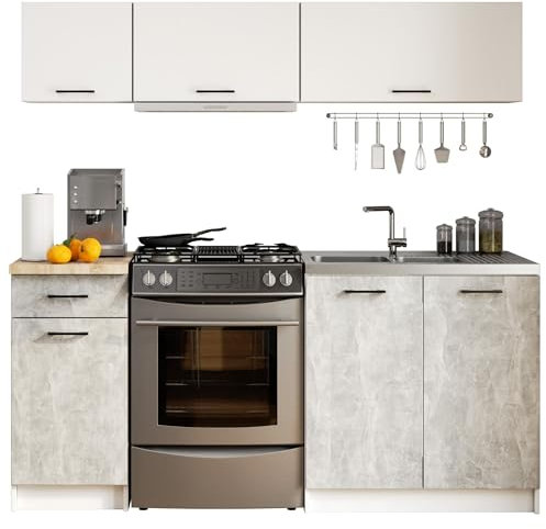 AKORD | KüchenmöbelSet 1.8m G1 | Küche Komplett | Kitchen Cabinet Set | Küchenschränke | Standschränke | Hängeschränke | Schubladen | Untertischschrank | Weiß & Beton Front