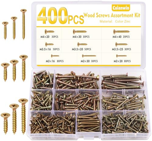 Caianwin 400 Stück Holzbauschrauben Set M3 M3.5 M4 Holzschrauben Spanplattenschrauben mit Senkkopf,Selbstschneidende Schrauben Sortiment - 9 Größen
