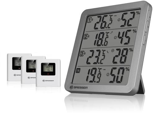 Bresser Thermo-Hygrometer Set mit 3 Funksensoren Temperatur Luftfeuchtigkeit Raumklima Alarm Anzeige