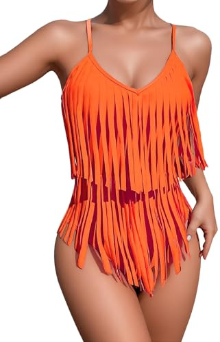 JOLISSLAN Women's Stylish Flowy Fringe Trim Swimsuit Spaghetti Strap One-Piece Bikinis Tummy Control Full Bathing Suit, Orange/L