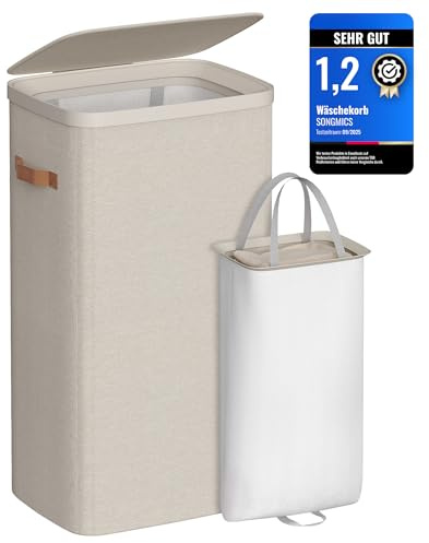 SONGMICS Cesto Portabiancheria, Porta Biancheria Sporca da 100 L, Montaggio Facile, con Coperchio Maniglie, Sacco Interno Rimovibile, 42 x 32 x 75 cm, Beige Cappuccino LCB811LH01