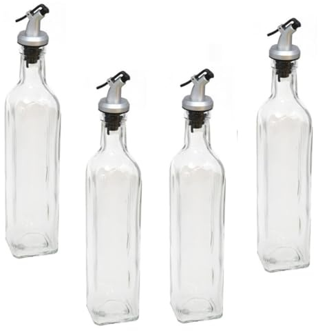 pcmoviles – Set de 4 Aceiteras LIVORNO y Vinagreras Antigoteo de 500 ml | Cristal y Acero Inoxidable | Dispensador de Aceite de Oliva y Vinagre para Cocina