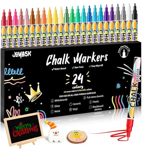 Joyask Extra Fine Tip Chalk Markers for Blackboard&Glass (Pack of 24, 1mm Tip), Liquid Chalk Pens for Dry Erase Board, Washable Markers Paint and Drawing for Chalkboards, Windows, Bistro, Cars, Signs