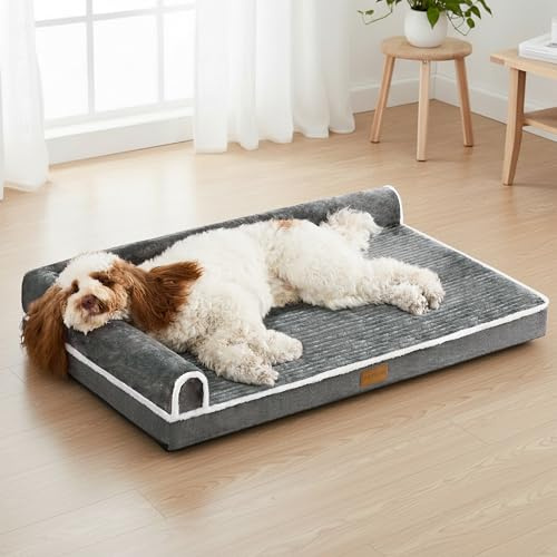 Jolibean Cama Perro Grande Ortopédica, Colchoneta Perro de L con Espuma De Caja De Huevos, Sofá Perro con Impermeable Lavable Desenfundable, 106x28cm, Gris