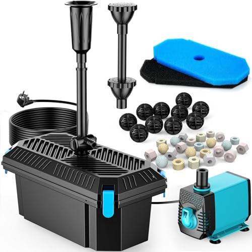 POPOSOAP Filtro para Estanque con Fuente 40W/2500L/H, Kit Filtro Koi con Bomba, Caudal Ajustable, Agua Clara para Estanques Exteriores y Jardín (Con Cable Eléctrico)