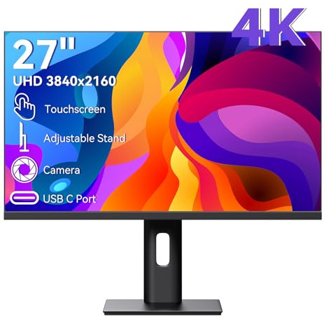 Pisichen Touchscreen Monitor 4K Gaming 27 Inch UHD 3840x2160 IPS Computer Monitor with Webcam, 60Hz, Ultra-Thin Bezel, HDMI, DisplayPort, 400 cd/㎡, VESA, Tilt Adjustable