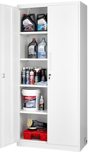 VEVOR Metal Storage Cabinet, Lockable Steel Garage Cabinet with Adjustable Shelves, 2 Magnetic Doors, 2 Keys, 5-Tiers Tool Storage Locker for Home, Office, School, Warehouse, Basement, Laundry, White