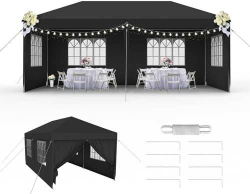 LZQ Paviljong festtält trädgårdspaviljong 3 x 6 m popup-stil snabb montering vattentätt festtält med fönster, tak och 6 sidoväggar, öltält utomhus trädgårdstält för fest, camping, marknad, antracit