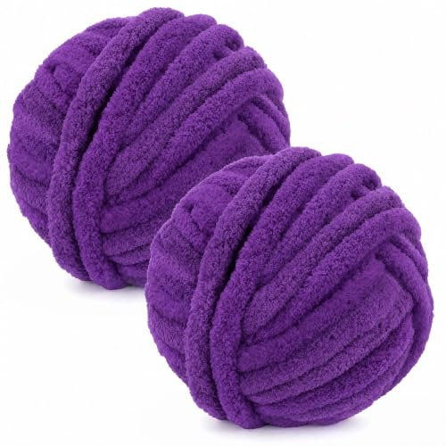 Bafeil Super Chunky Chenille Yarn for Hand Knitting, 2 × 250g | 2CM Thick Blanket Yarn for Arm Knitting, Cushions, Pet Beds & DIY Throws, Violet, 27m per Ball