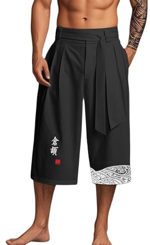Générique Pantalon Japonais Homme - Pantacourt Lin Casual, Style Vintage Vêtements Traditionnels, Bermuda Long avec Cordon de Serrage, Coupe Droite et Large, Longueur 7/8, pour l'Été