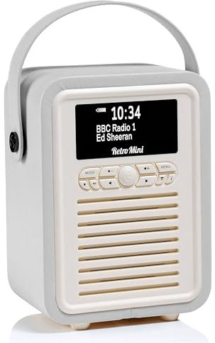 VQ Retro Mini Radio DAB Plus/DAB avec Bluetooth, FM et Radio Réveil Fonction - Alimentée par Secteur et Batterie Radio Portable avec Antenne, Prise Casque et Port de Charge USB – Gris Clair
