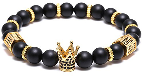 SEVENSTONE 8mm Crown King Charm Bracelet for Men Women Black Matte Onyx Stone Beads, 7.5