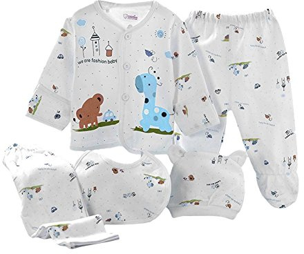 Gajaous 5PCS Newborn Baby Boys Girl's Baby Cotton Grow Top Hat Pants PlaySuit Sets Outfit, Blue #2, 0-3 Months