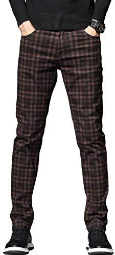 HENGAO Men's Regular Fit Plaid Chino Pants Jeans, Wine Red, 40