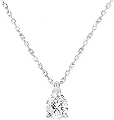 PAVOI 14K Gold Plated 925 Sterling Silver Post Faux Diamond Pear Solitaire Pendant Halo Necklace in White Gold