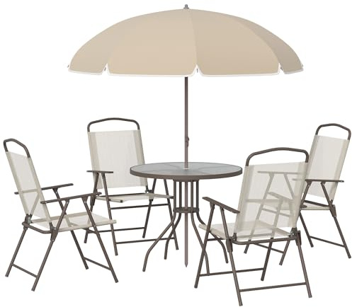 Outsunny Ensemble Salon de Jardin 6 pcs - Table Ronde + 4 chaises Pliables + Parasol - Acier époxy café textilène Polyester Beige