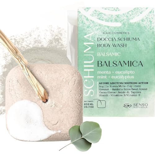 Senso Naturale Mousse de Douche Solide à l'Argile Balsamique avec Argile Blanche, Huiles Essentielles d’Aromathérapie Eucalyptus, Menthe, Équivalent à 750 ml de Liquide, 100% Naturel et Biologique
