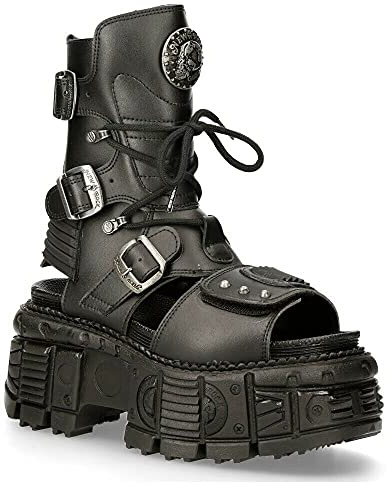 New Rock BIOS107-V1 Botas Sandalias Unisex de Cuero Negro Vegano con Plataforma Estilo Gótico Gladiador 44
