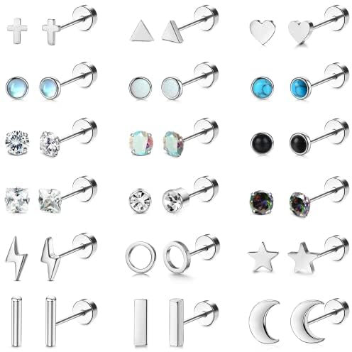 MILACOLATO 18 Paar Helix Piercings Ohr Knorpel Ohrringe Für Damen Edelstahl Ohrstecker Tragus Of Mond Star Heart Disc CZ Geometrische Schmuck Silber