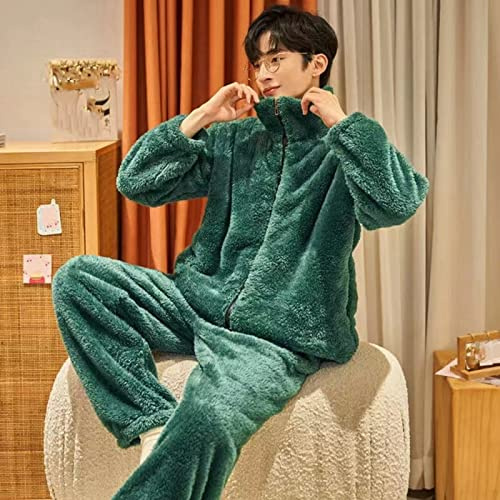 CWENROU Pyjama d'hiver Homme - Pyjama pour Hommes À La Mode en Deux Pièces Pyjama en Molleton De Corail Chaud Et Épais Costume Haut À Manches Longues Vert Foncé + Pantalon en Flanelle Douce Vêtements