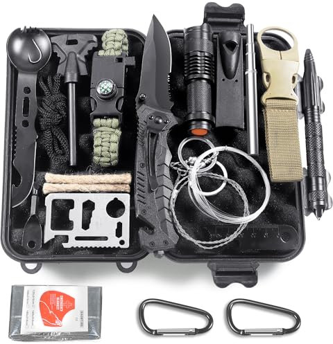 Graxury 14 in 1 Survival Kit Mehrzweck-Survival-Kit, Erste-Hilfe-Set für Outdoor-Sport, Camping, Bergsteigen, Feuerstein/Thermodecke/Pfeife (Messer)
