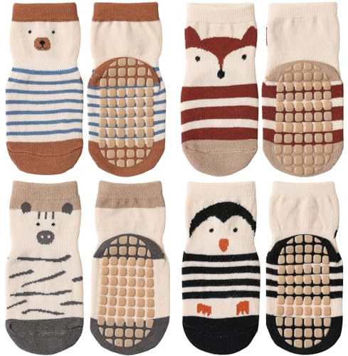 Simpeak Chaussettes Antidérapantes Bébé Lot de 4 Paires Unisexe Chaussette Thermiques Antidérapantes Enfant pour Printemps et Été (3-5 ans),Style 2, L