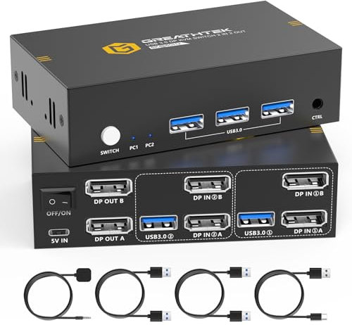 8K@60Hz KVM Switch Displayport, USB3.0 DP 1.4 KVM Switch 2 PC 2 Monitor con Wired Remote, KVM Dual Monitor Supporto 3 Dispositivi USB3.0 Per Tastiere, Mouse, Dischi Rigidi e Stampanti