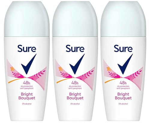 Sure Antiperspirant Roll On Bright Bouquet 48H Sweat and Odour Protection Roll On with Fresh, Light and Clean Scent Deodorant for Women, 50ml Pack of 3