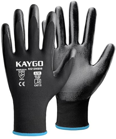 KAYGO Arbeitshandschuhe Nitril beschichtet, 12 Paar Flexibel Schutzhandschuhe mit gutem Grip für Herren Damen, ideal für Allgemeine Arbeit Bau Lager Auto Garten DIY Montage, KG12N (Schwarz, M, Gr 8)
