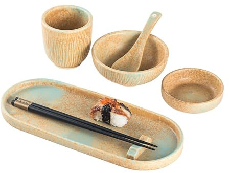 Sushi Geschirr Set für Personen - Sushi Servierset mit Sushi-Teller, Dip-Schälchen, Löffel und Stäbchen, Japanischer Geschirr für Miso Suppe Sushi Reis