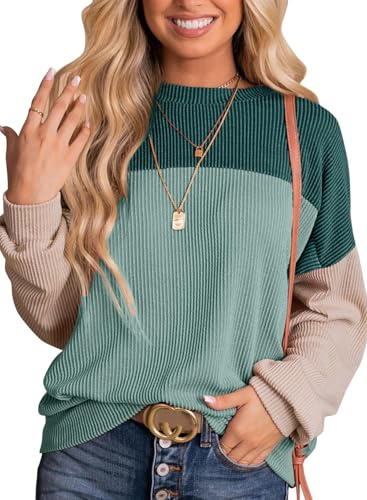 DUOEASE Damtröja höst rund hals oversied sweatshirt färgblock toppar texturerad långärmad tröja, A-grön, L