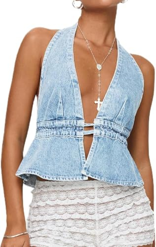 LLECDASEUI Donne Sexy Collo a V profondo Halter Denim Canotta Legatura sulla schiena Colore solido Jean senza schienale Gilet Senza spalline Top con pinces (S,Azzurro)