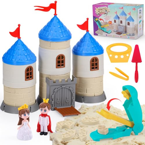 VBACALA Sable Magique,Enfants Chantier de Sable Jouets bac à Sable Avec 750g de Sable Magique Outils de Construction Châteaux,Princesse,Prince Jouets de Sable Sensoriels,Sable de jeu Cadeau Enfants 3