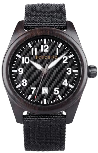 BOBO BIRD Wooden Casual & Business Watch with Nylon Strap, Carbon Fiber Dial Japanese Quartz Movement Wood Watch Lightweight Date Display Wristwatch Multiple Colors (Black)