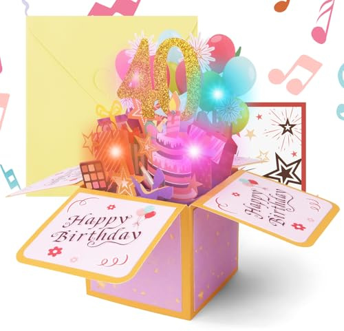OFFCUP 40 Anni Biglietto Auguri Compleanno 3D Musicale e Luce Biglietti Auguri Regalo Divertente Pop Up Biglietti di Compleanno con Busta e Carta Biglietto di Auguri per Famiglia Amica Festa