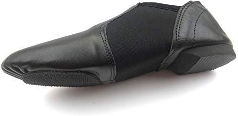 Slip On Jazz Dance Shoes - Black Leather - Modern Stage Rubber Heel Split Sole – Neoprene - Irish Dancing Pumps (Size 6 Kids, Black) NPB1