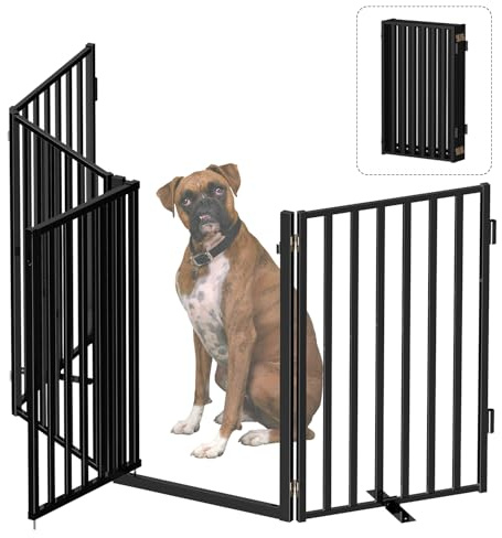 Bknius Dog Gate Free Standing with Door for Stairs, 36 Tall Dog Fence Freestanding Indoor Outdoor Use for Doorways, Metal Black 4 Panels